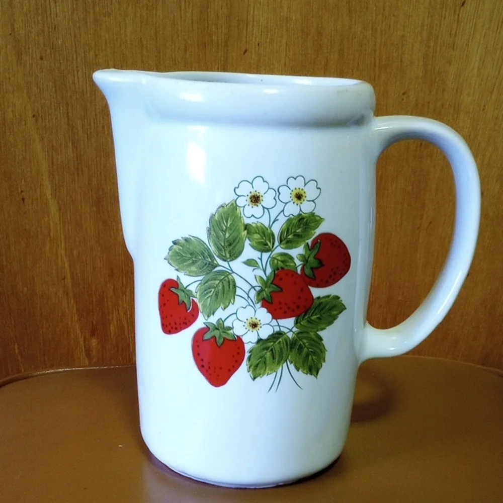 Vintage Ceramic Strawberry & Floral Pitcher w/ Handle. White Red Green Yellow